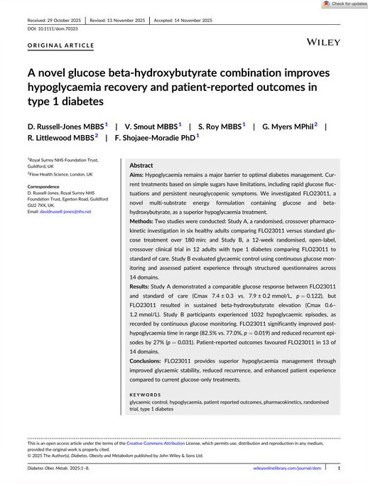 First page of the published paper: A novel glucose beta-hydroxybutyrate combination improves hypoglycaemia recovery and patient-reported outcomes in type 1 diabetes
