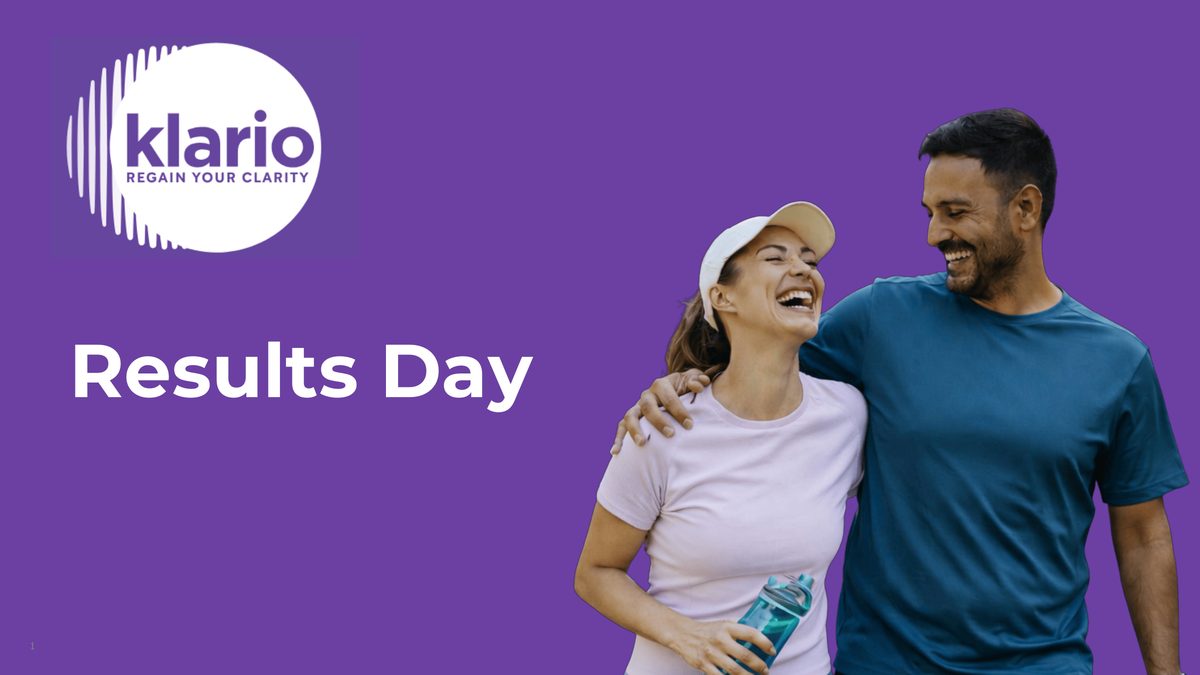 Klario Results Day title slide — a smiling couple outdoors on a purple background, with the Klario logo and 'Results Day' heading