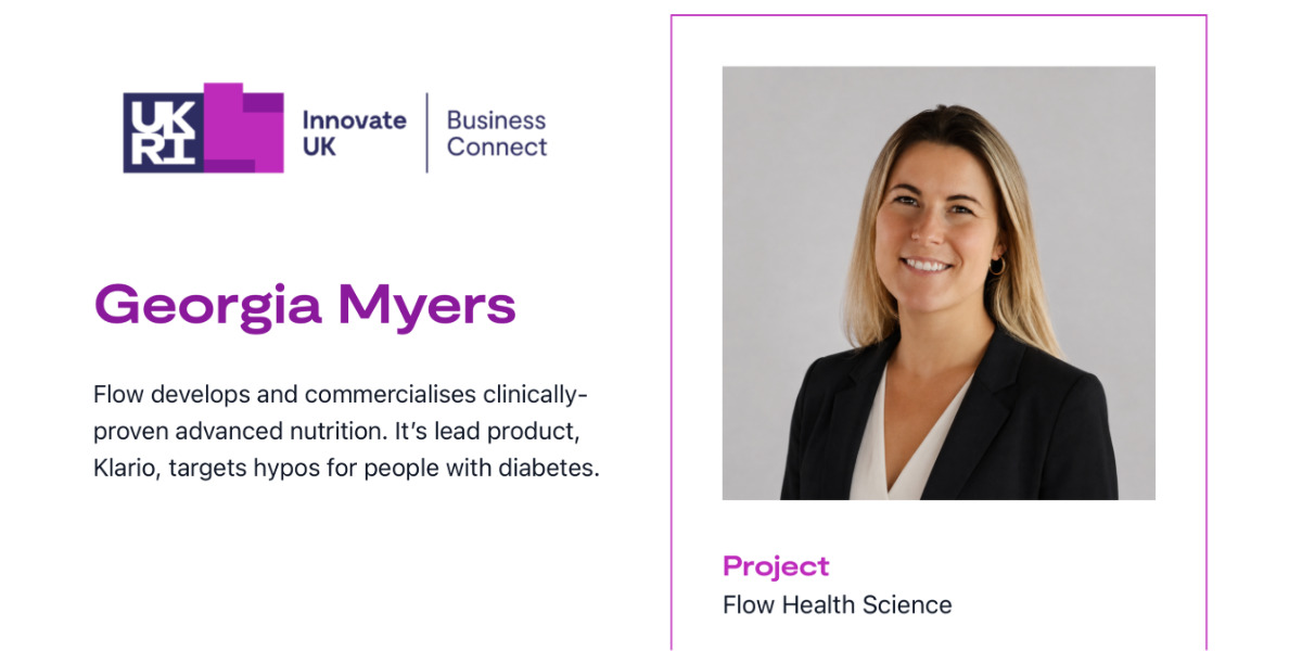 Innovate UK Business Connect profile card for Georgia Myers of Flow Health Science, named among Innovate UK's 100 Women Entrepreneurs